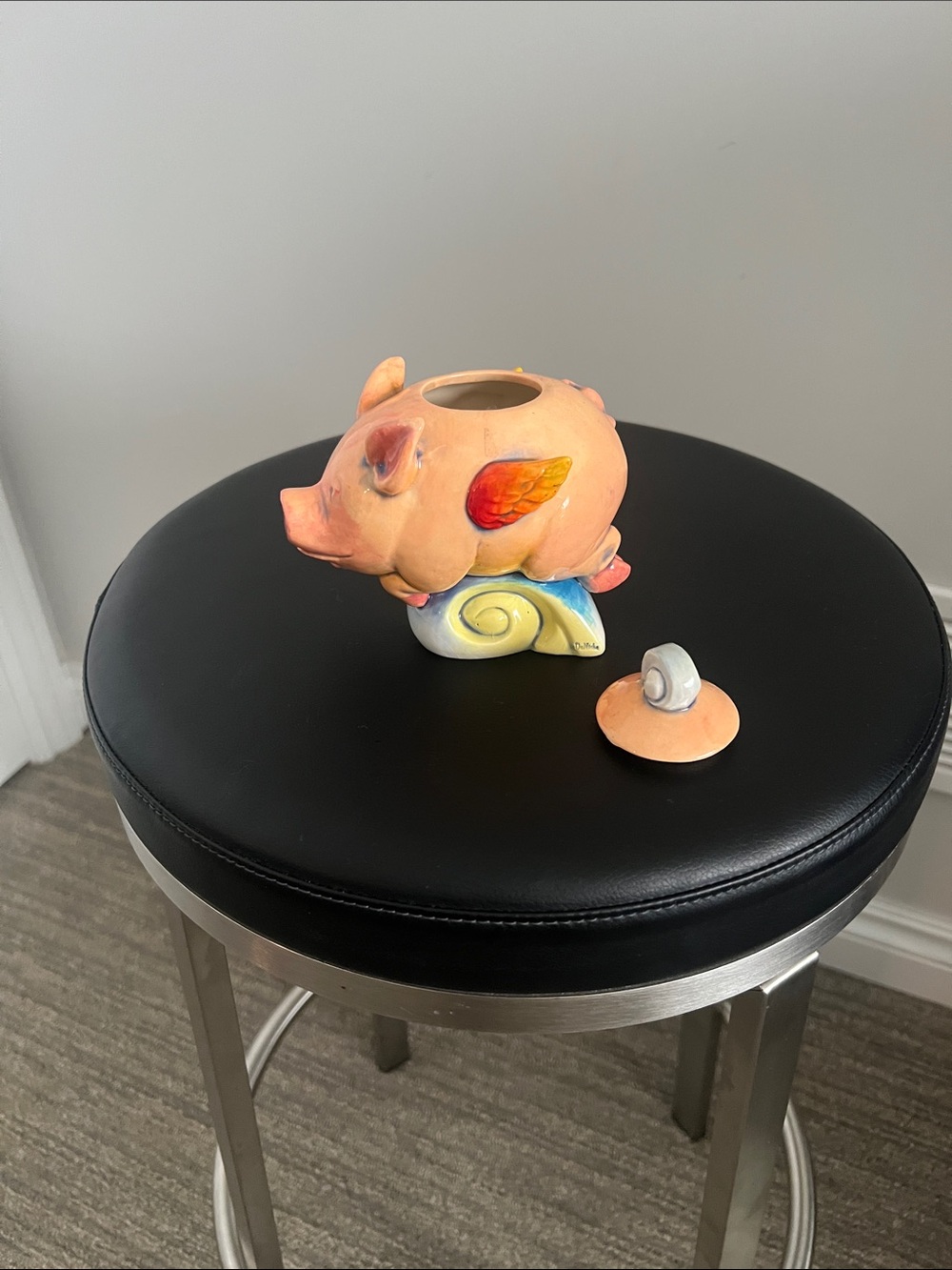 Ceramic Flying Pig Canister in Peach with Rainbow Accents - Picture 2 of 4